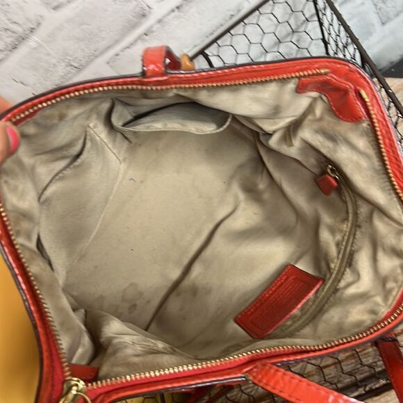 Coach Embossed Patent Leather Tote Bag Purse Orange Red Shoulder Bag - Picture 7 of 8